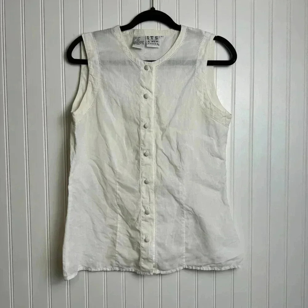 Vintage White Sleeveless Button-Front Linen Shell Tank